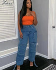 Fashion Y2K Pockets Cargo Jeans Women Hipster High Waisted Straight Pants Fall 2023 Casual Denim Trousers Streetwear