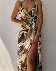 V-neck Slip Dress Low Cut Printed Slit Dress