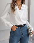 Fashion V-Neck Long Sleeve Shirt Elegant Commuter Solid Blouse Office Women's Clothing