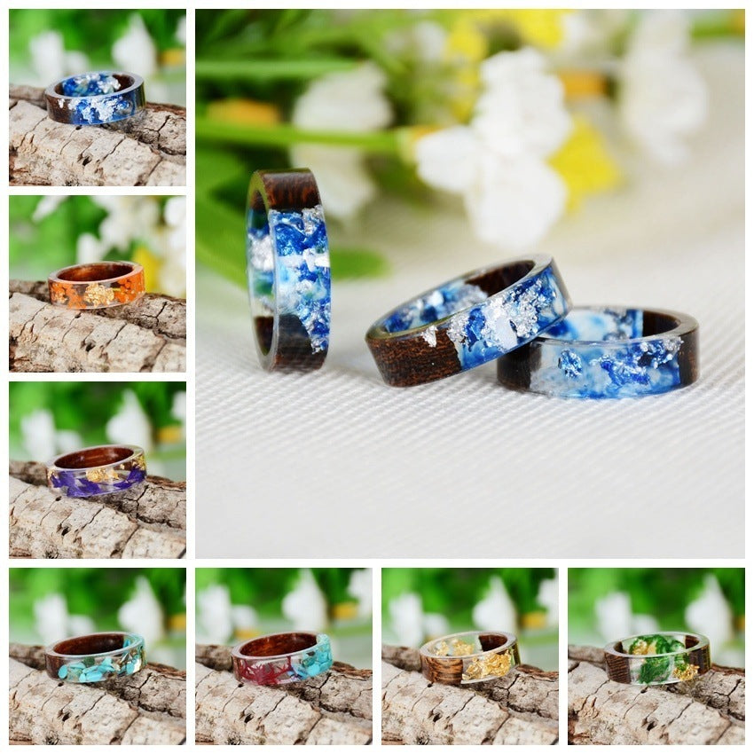 Handmade DIY romantic dry flower Real wood resin ring gold / silver paper inside ring women wedding party ring gifts for the lover