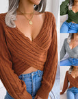 Cross V-neck Twist Long Sleeves Cropped Sweaters Women's Clothing