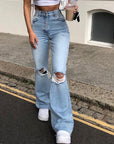 Women Vintage Ripped Flare Bell Bottom Jeans High Waisted Wide Leg Raw Hem Denim Pants Casual Slim Fitting Trousers with Pocket