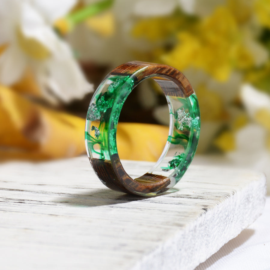 Handmade DIY romantic dry flower Real wood resin ring gold / silver paper inside ring women wedding party ring gifts for the lover