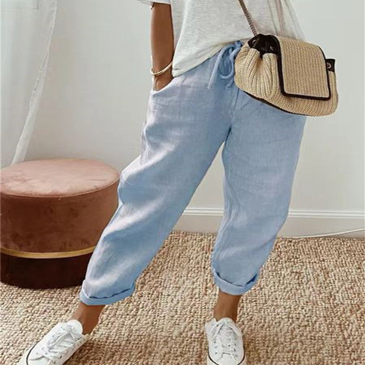 Women's Fashion Cotton Linen Solid Color Casual Pants