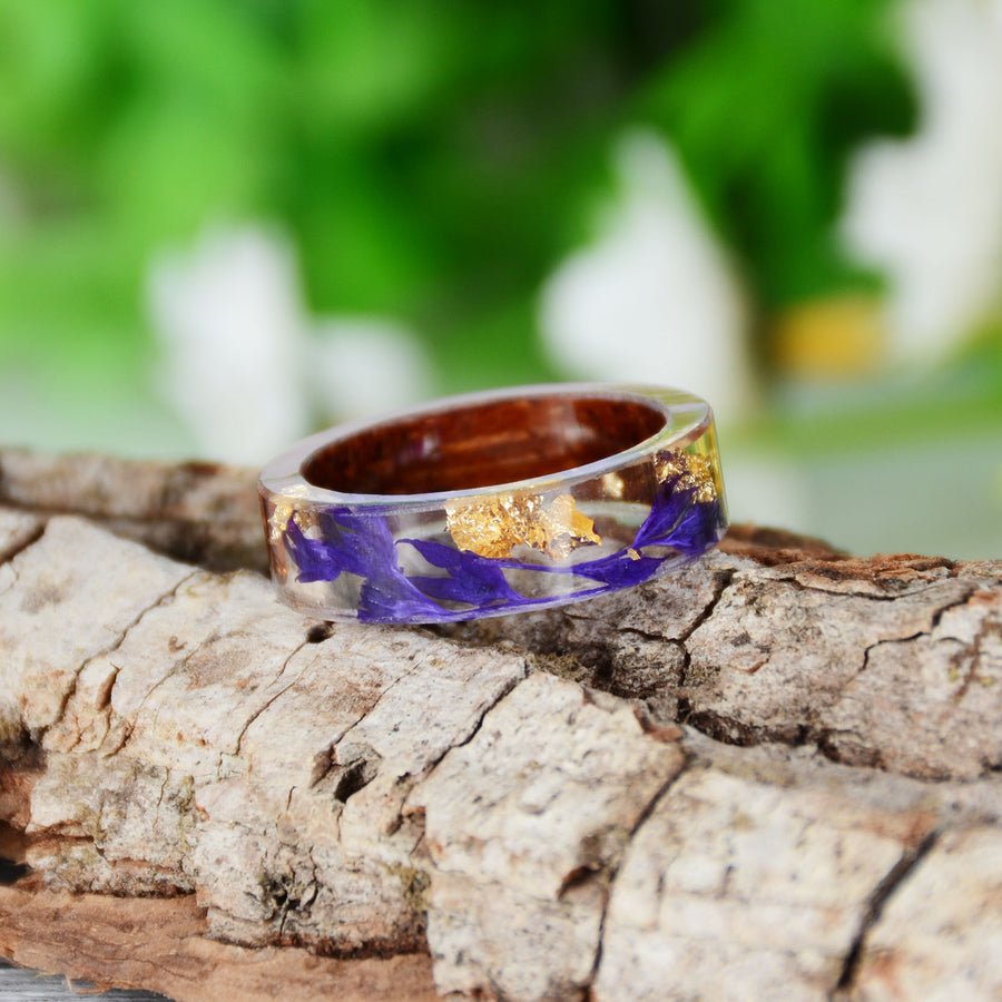 Handmade DIY romantic dry flower Real wood resin ring gold / silver paper inside ring women wedding party ring gifts for the lover