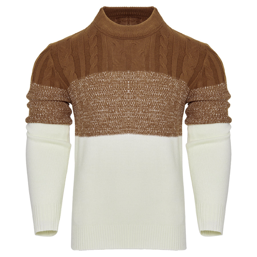 Men's Casual Color Block Long Sleeve Cable Knit Pullover Sweater