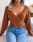 Cross V-neck Twist Long Sleeves Cropped Sweaters Women's Clothing