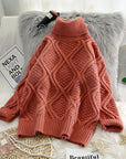 Plaid Turtleneck Knitted Women Sweaters Solid Thicken Warm Loose All Match Pulls Outwear Coat Tops