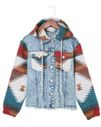 Western Style Denim Stitching Hooded Jacket Multi-color Printed Frayed Hem Jacket