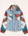 Western Style Denim Stitching Hooded Jacket Multi-color Printed Frayed Hem Jacket