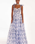 Floral Off-the-shoulder Strap Lace-up Large Swing Skirt Organza Dress