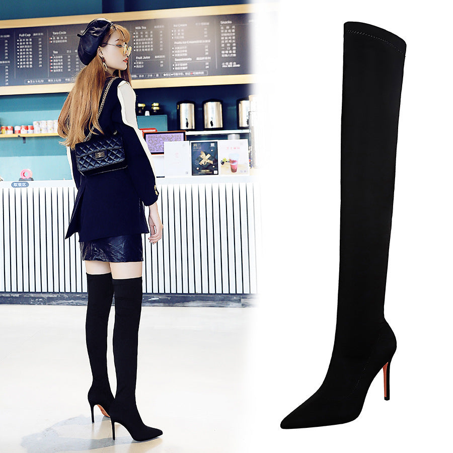 European And American Style Fashion High Heel Elastic Stiletto Heel Pointed-toe Skinny Pedicure Over-the-knee Boots