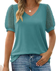 Womens Summer Tops V Neck T Shirts Dot Puff Sleeve Tops Loose Casual Tshirts