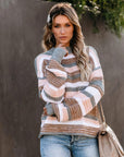 Ladies round neck stitching striped sweater