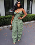 Fashion Women Strapless Button Front Ruched Cargo Jumpsuit 2023 Autumn Sexy Party Street Playsuit One Piece Suit Romper