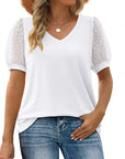 Womens Summer Tops V Neck T Shirts Dot Puff Sleeve Tops Loose Casual Tshirts