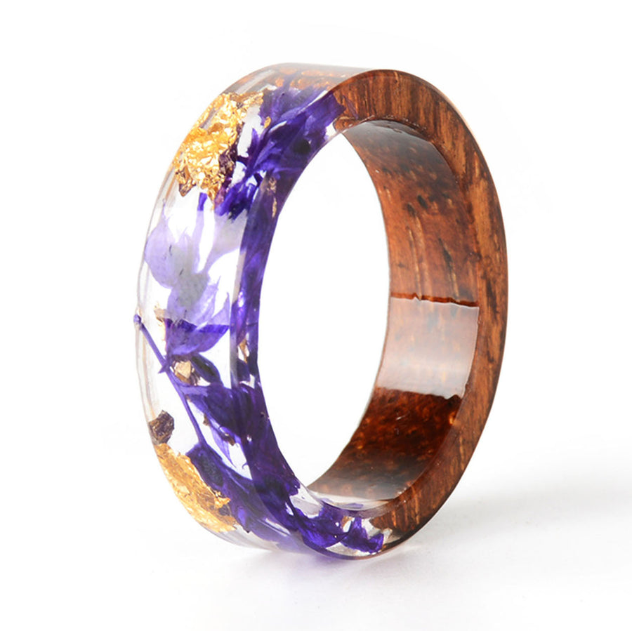 Handmade DIY romantic dry flower Real wood resin ring gold / silver paper inside ring women wedding party ring gifts for the lover