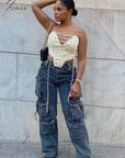 Fashion Y2K Pockets Cargo Jeans Women Hipster High Waisted Straight Pants Fall 2023 Casual Denim Trousers Streetwear