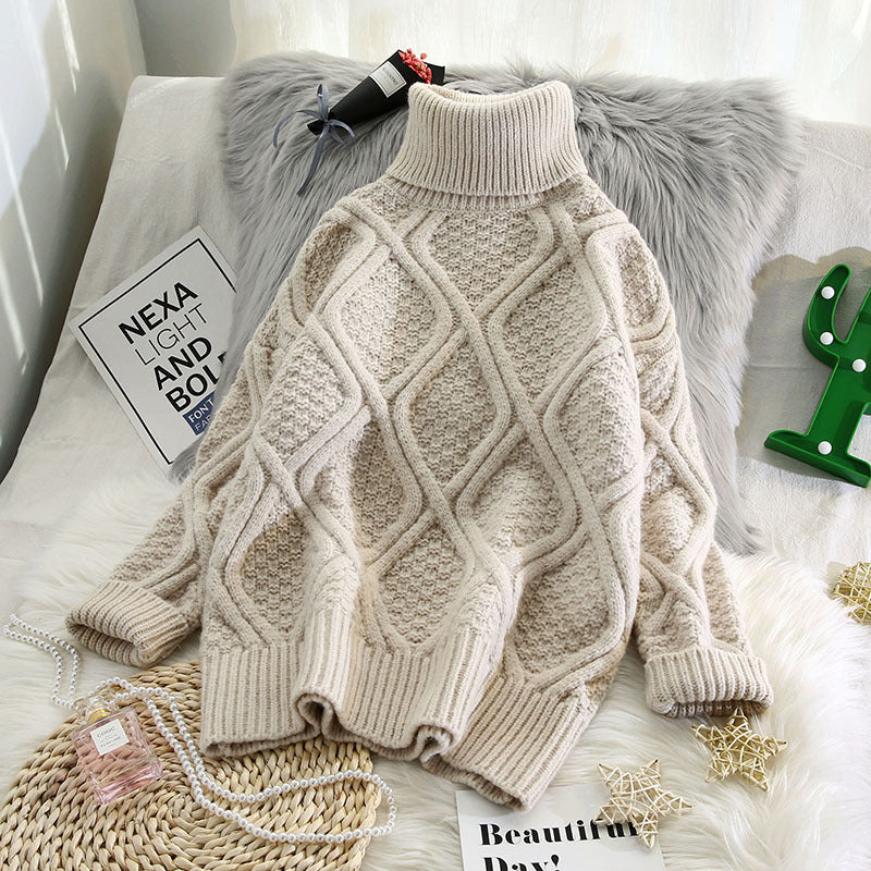 Plaid Turtleneck Knitted Women Sweaters Solid Thicken Warm Loose All Match Pulls Outwear Coat Tops