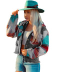 Western Style Denim Stitching Hooded Jacket Multi-color Printed Frayed Hem Jacket