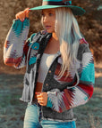 Western Style Denim Stitching Hooded Jacket Multi-color Printed Frayed Hem Jacket