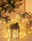 Christmas Wrought Iron Gift Box Warm White Christmas Ornament Three-piece Set With Battery Box Holiday Light String Boxes