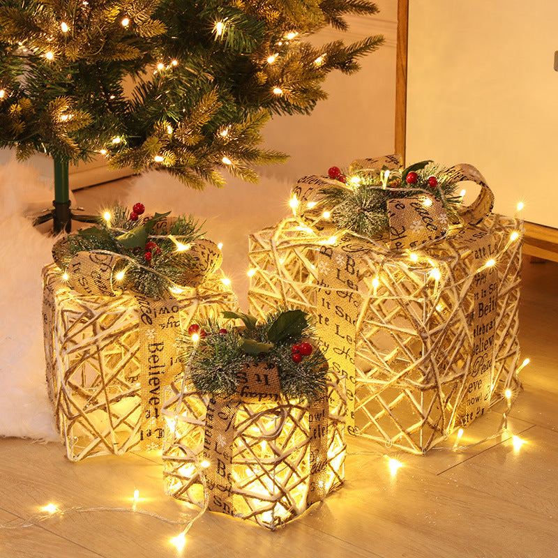 Christmas Wrought Iron Gift Box Warm White Christmas Ornament Three-piece Set With Battery Box Holiday Light String Boxes