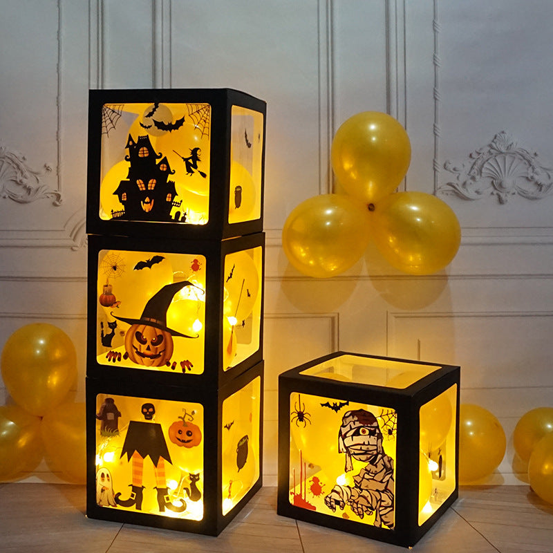 Halloween Balloon Boxes Black Transparent Box Block With Ghost Pumpkin Horror Sticker Gift For Halloween Party Decor Supply