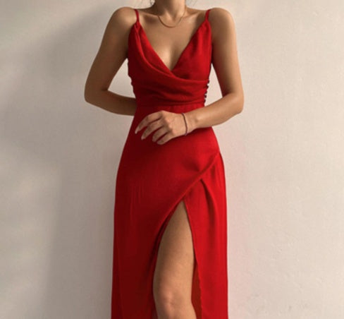 V-neck Slip Dress Low Cut Printed Slit Dress