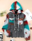 Western Style Denim Stitching Hooded Jacket Multi-color Printed Frayed Hem Jacket