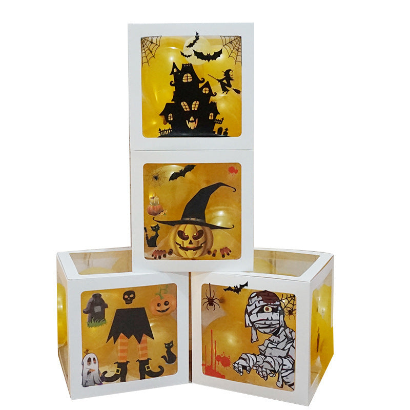 Halloween Balloon Boxes Black Transparent Box Block With Ghost Pumpkin Horror Sticker Gift For Halloween Party Decor Supply