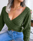 Cross V-neck Twist Long Sleeves Cropped Sweaters Women's Clothing