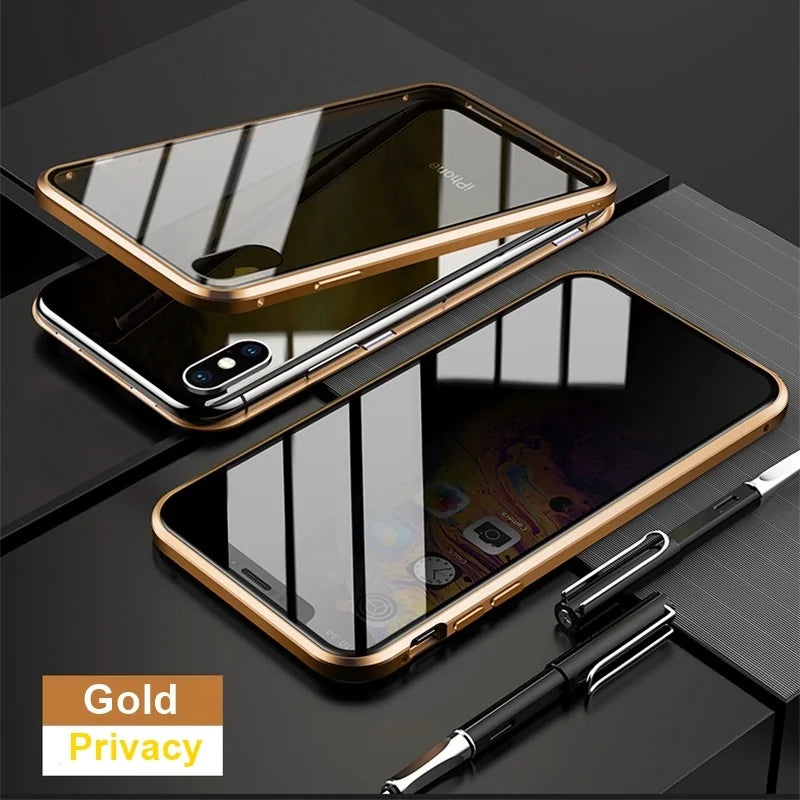 Double-sided magnetic metal tempered glass + front privacy glass phone case