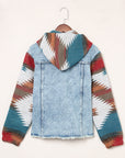 Western Style Denim Stitching Hooded Jacket Multi-color Printed Frayed Hem Jacket