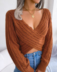 Cross V-neck Twist Long Sleeves Cropped Sweaters Women's Clothing