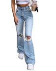 Women Vintage Ripped Flare Bell Bottom Jeans High Waisted Wide Leg Raw Hem Denim Pants Casual Slim Fitting Trousers with Pocket