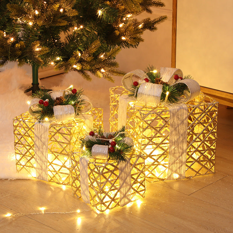 Christmas Wrought Iron Gift Box Warm White Christmas Ornament Three-piece Set With Battery Box Holiday Light String Boxes