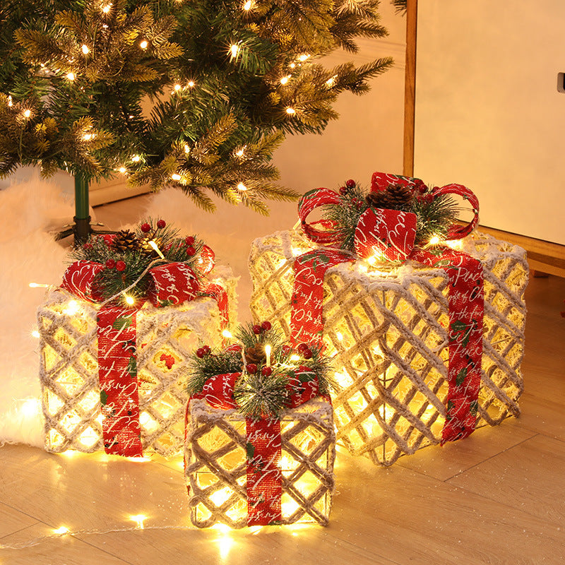 Christmas Wrought Iron Gift Box Warm White Christmas Ornament Three-piece Set With Battery Box Holiday Light String Boxes