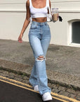 Women Vintage Ripped Flare Bell Bottom Jeans High Waisted Wide Leg Raw Hem Denim Pants Casual Slim Fitting Trousers with Pocket