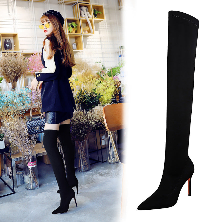 European And American Style Fashion High Heel Elastic Stiletto Heel Pointed-toe Skinny Pedicure Over-the-knee Boots