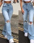 Women Vintage Ripped Flare Bell Bottom Jeans High Waisted Wide Leg Raw Hem Denim Pants Casual Slim Fitting Trousers with Pocket