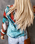 Western Style Denim Stitching Hooded Jacket Multi-color Printed Frayed Hem Jacket