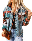 Western Style Denim Stitching Hooded Jacket Multi-color Printed Frayed Hem Jacket