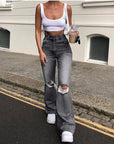 Women Vintage Ripped Flare Bell Bottom Jeans High Waisted Wide Leg Raw Hem Denim Pants Casual Slim Fitting Trousers with Pocket