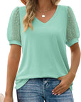 Womens Summer Tops V Neck T Shirts Dot Puff Sleeve Tops Loose Casual Tshirts