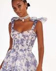 Floral Off-the-shoulder Strap Lace-up Large Swing Skirt Organza Dress